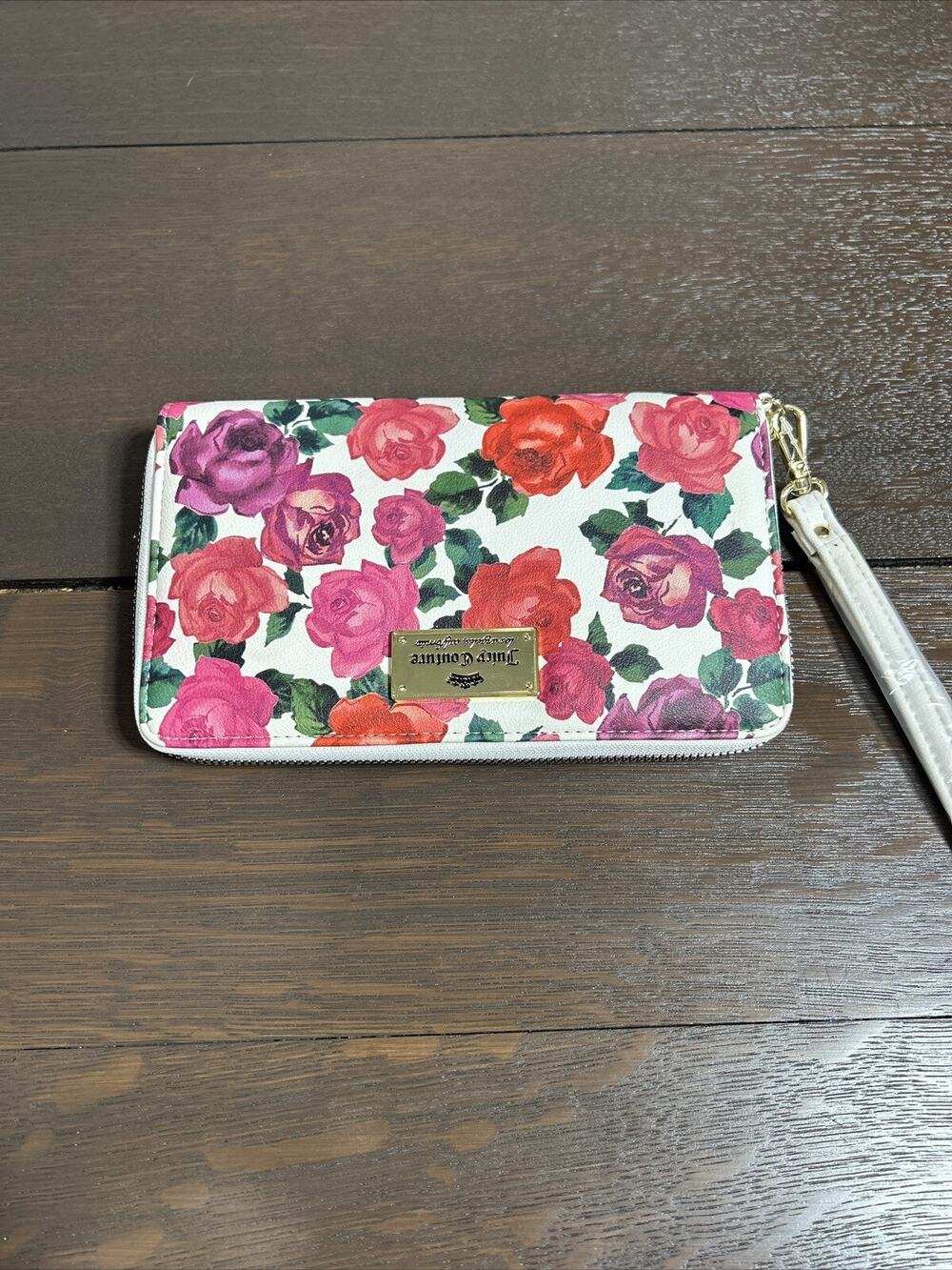 Juicy Couture Women Romantic White Red Rose Triple Gusset Leather Wallet 8”x4.5”